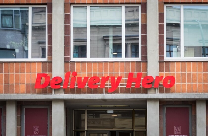 Berlin, Germany - june 2018: Logo and headquarter office of Delivery Hero, a food delivery company in Berlin, Germany