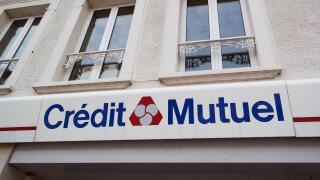 CARENTAN, FRANCE - JULY 2014: Branch of Credit Mutuel in Normandy. Credit Mutuel is a major French bank