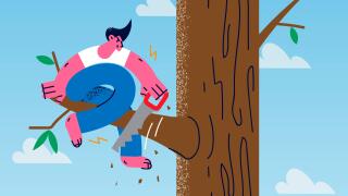 Man saw branch he sit on risk fall down lose everything. Stupid careless male employee or worker involved in risky business project, experience failur