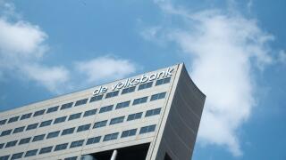 UTRECHT / NETHERLANDS - APRIL 15, 2019: DE VOLKSBANK sign at building exterior against a blue sky
