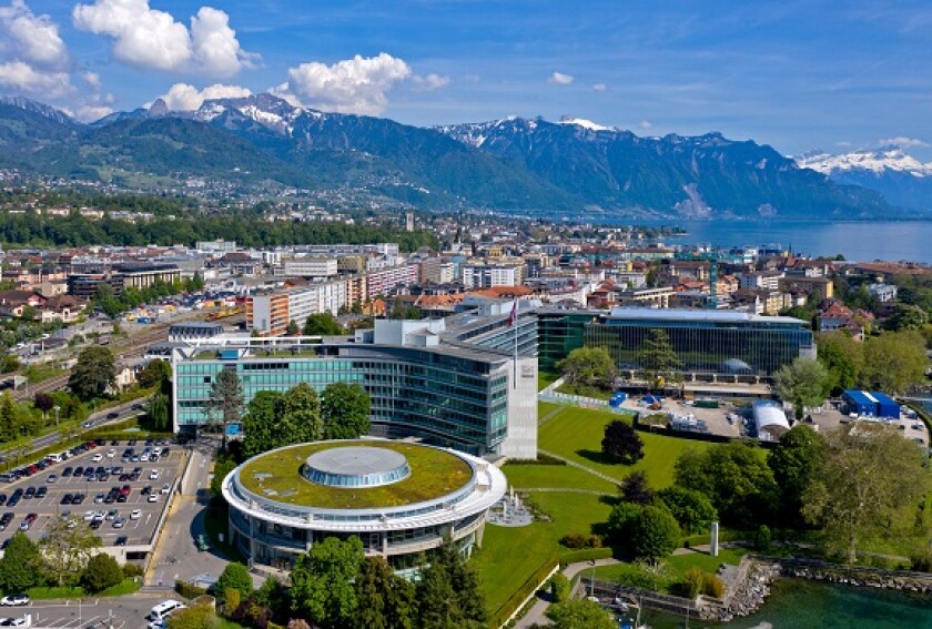 Headquarters of the Swiss multinational food and drink company Nestle S.A. at Lac Leman, Vevey, Switzerland