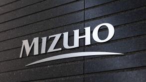 Logo of Mizuho Bank on their headquarter building in Otemachi, Tokyo on November 25, 2022.