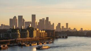 England, London, Docklands and Canary Wharf Skyline with River Thames