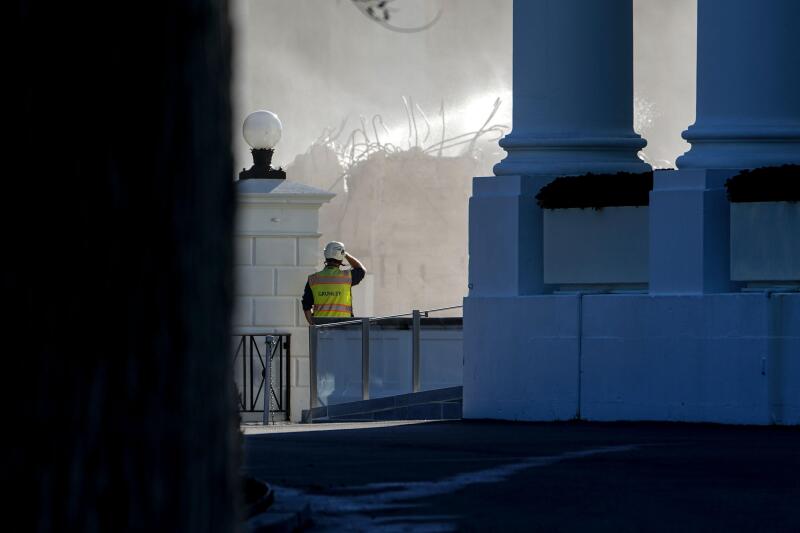 Constructions workers continue demolition of part of the East Wing of the White House for construction of President Trump's ballroom in Washington, DC, USA, 23 October 2025. The 27400-square-meter ballroom expansion of the White House will seat an estimat