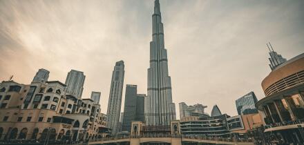 Burj Khalifa tower view from the Dubai Mall area  in Dubai UAE