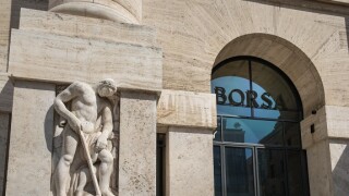 Exterior section of Milan Borsa, Italian Stock Exchange building, Palazzo Mezzanotte, Milan, Lombardy, Italy.