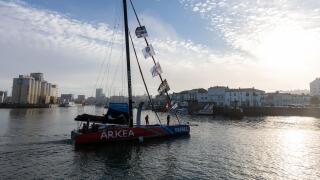 LES SABLES D'OLONNE, FRANCE - NOVEMBER 08, 2020: Sebastien Simon boat (Arkea - Paprec) in the channel for the start of the Vendee Globe 2020