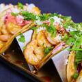 Gourmet Shrimp Taco with Fresh Garnishes, Overhead View
