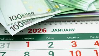 Euro money on paper calendar showing January 2026, concept of financial planning, savings and new year budget