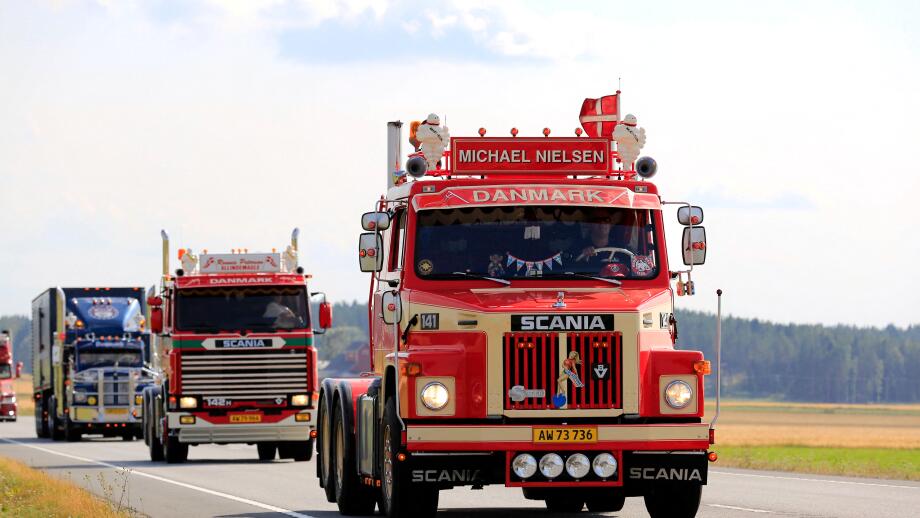 LUOPAJARVI, FINLAND - AUGUST 9, 2018: Classic Scania LS 141 1978 of Michael Nielsen and more oldtimer trucks in truck convoy to Power Truck Show 2018.