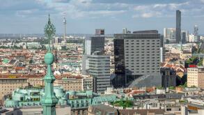 Vienna cityscape, view of the business district of Vienna pictured from the south tower of the city's Stephansdom cathedral, Wien, Austria.