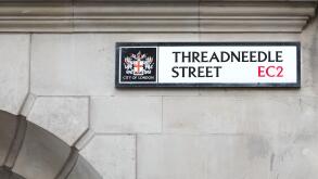 Street sign for Threadneedle Street, EC2, in the City of london, England.