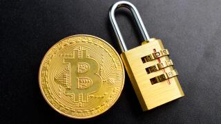 Top View Of Bitcoin With Password Protected Padlock, Password Protected Bitcoin