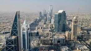 View from Al Faisaliah Tower over the skyline with the Kingdom Center, Riyadh, Saudi Arabia