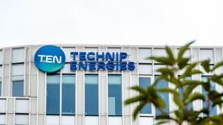 Sign and logo on the facade of the headquarters of Technip Energies, a company of French origin present in engineering for the energy industry