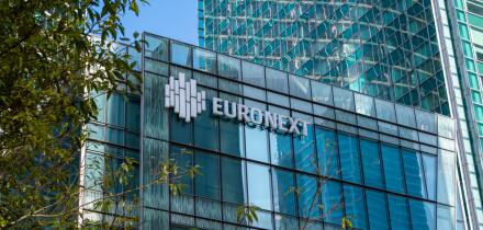 Exterior view of the Euronext building in the Paris La Defense business district. Euronext is the main stock exchange in the Eurozone
