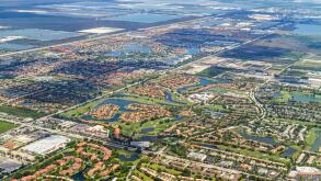 Miami Florida,Doral,aerial window seat view,departing MIA,roads,neighborhoods,golf course,edge of Everglades,FL110516044