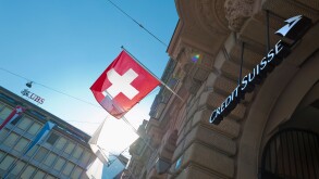Company headquarters of Switzerland's two largest banks UBS (background) and Credit Suisse at Zurich, Switzerland, Paradeplatz.