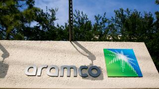 A logo sign outside of a facility occupied by Saudi Aramco in Houston, Texas, on May 27, 2017.