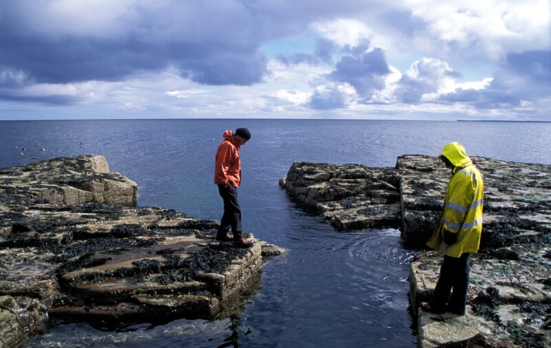 People Standing on Rocky Shore