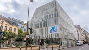 Exterior view of the Banque Postale headquarters building. La Banque Postale is a French public bank, subsidiary of the La Poste group