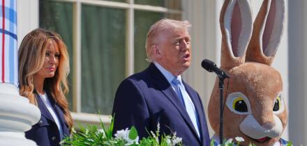 President Donald Trump and first lady Melania Trump participate in the White House Easter Egg Roll on the South Lawn of the White House, Monday, April 6, 2026, in Washington. (AP Photo/Mark Schiefelbein)