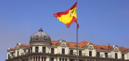 The Spanish national flag flying in Santander, Spain.