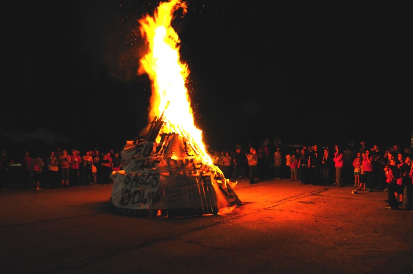 A bonfire at an autumn high school pep rally