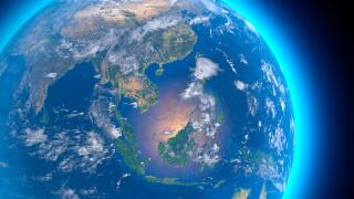 Physical map of the world, satellite view of  Southeast Asia, Indonesia. Globe. Hemisphere. Reliefs and oceans. 3d rendering. Nasa
