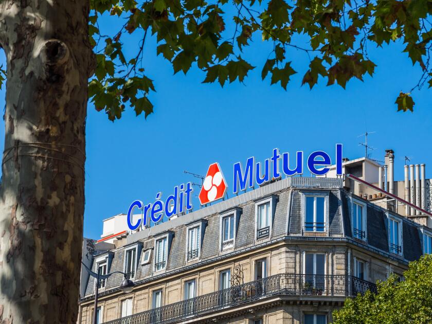 "Credit Mutuel" bank signage, Montparnasse, Paris, France.