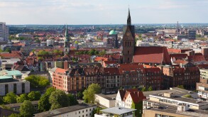 View from the New Town Hall on the Market Church and old houses in the center of Hannover, Lower Saxony, Germany.