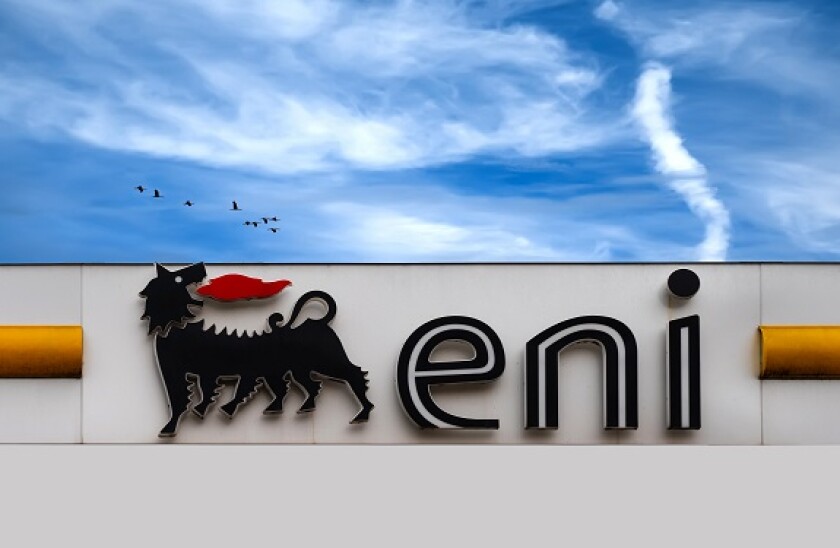 Bardolino, Italy - 10/31/2019: Eni S.p.A. in german Agip is an Italian multinational oil and gas company headquartered in Rome. Logo service station i