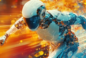 A futuristic robot runs forward with glowing streaks behind it.