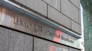 Closeup of BMO Capital Markets sign is seen outside their office in New York City, USA