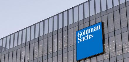 New York, NY, USA. May 2, 2022. Editorial Use Only, 3D CGI. Goldman Sachs Signage Logo on Top of Glass Building. Workplace of Investment Banking Compa