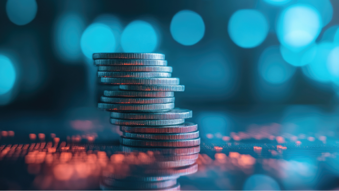 A stack of coins set against a digital background, an AI-generated concept symbolizing investment in digital infrastructure