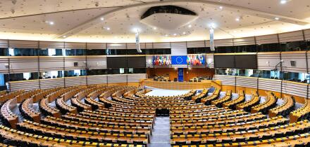 The hemicycle at Espace Leopold, European Parliament building, Brussels, Belgium