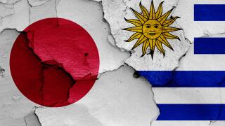 flags of Japan and Uruguay painted on cracked wall