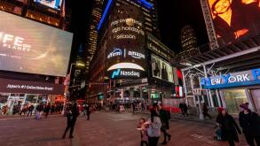 The giant digital screen on Nasdaq headquarters in Times Square in New York promotes Amazon?s ?buy now pay later? payment scheme Affirm on Wednesday, November 8, 2023.(© Richard B. Levine)