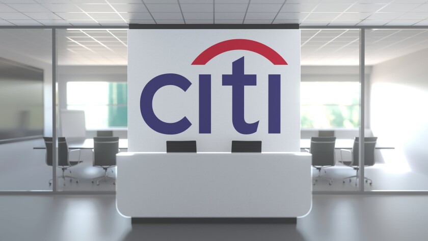 CITI logo above reception desk in the modern office, editorial conceptual 3D rendering