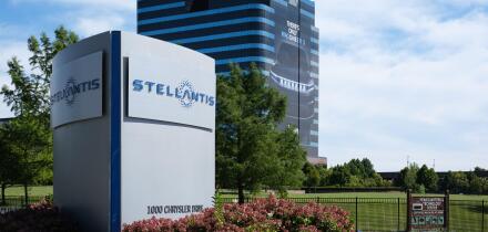 Stellantis sign outside the Chrysler Technology Center and World Headquarters in Auburn Hills Michigan USA