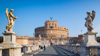 Rome, Italy.  Looking across Ponte Sant'Angelo to Castel Sant'Angelo