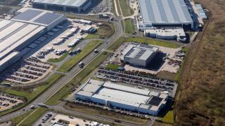 aerial view of the MBDA UK Bolton Aerospace company offices near Bolton (next building up is Komatsu Mining, then Amazon)