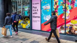 Klarna credit payment scheme. Advertising Klarna available in a store on London Oxford St. Klarna is a buy now pay later system popular with the young