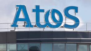 The logo of French digital transformation Atos is pictured in Bezon, outside Paris, France, Friday, Sept. 15, 2017. (AP Photo//Michel Euler)