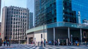 Reflections in the glass of office buildings at Aldgate in the City of London