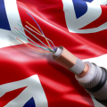 An exposed section of subsea cable set in front of the union flag