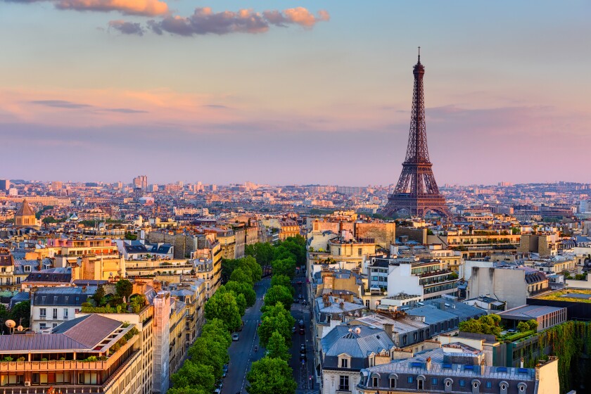 Skyline of Paris with Eiffel Tower in Paris, France. Panoramic s