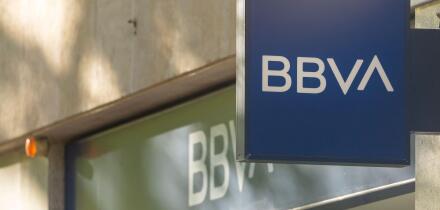 Madrid, Spain - May 18, 2020: Main facade at the entrance to the bank office of, BBVA, in the Retiro district.