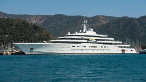 Marmaris, Turkey – March 27, 2022. M/Y Eclipse superyacht owned by Russian oligarch Roman Abramovich, in Netsel Marina port of Marmaris, Turkey. Built by Blohm+Voss of Hamburg